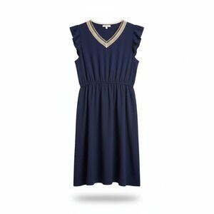 NWOT | Navy Blue Flutter Sleeve Dress | Crochet Lace V-Neck Detail | Size 14